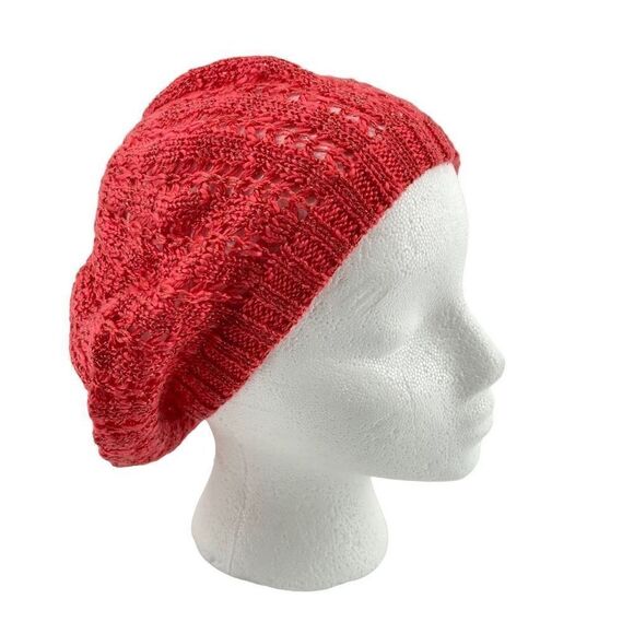 Women’s Red Gold Speckled Open Knit Crochet Ribbed Beanie Beret Hat One Size - Picture 1 of 10